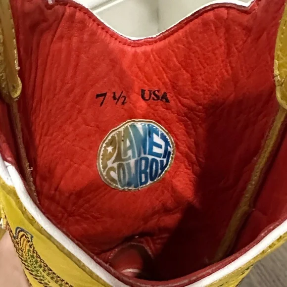 Planet Cowboy Psychedelic Yellow Western Cowboy Boots with Multicolor Stitching - Picture 8 of 11